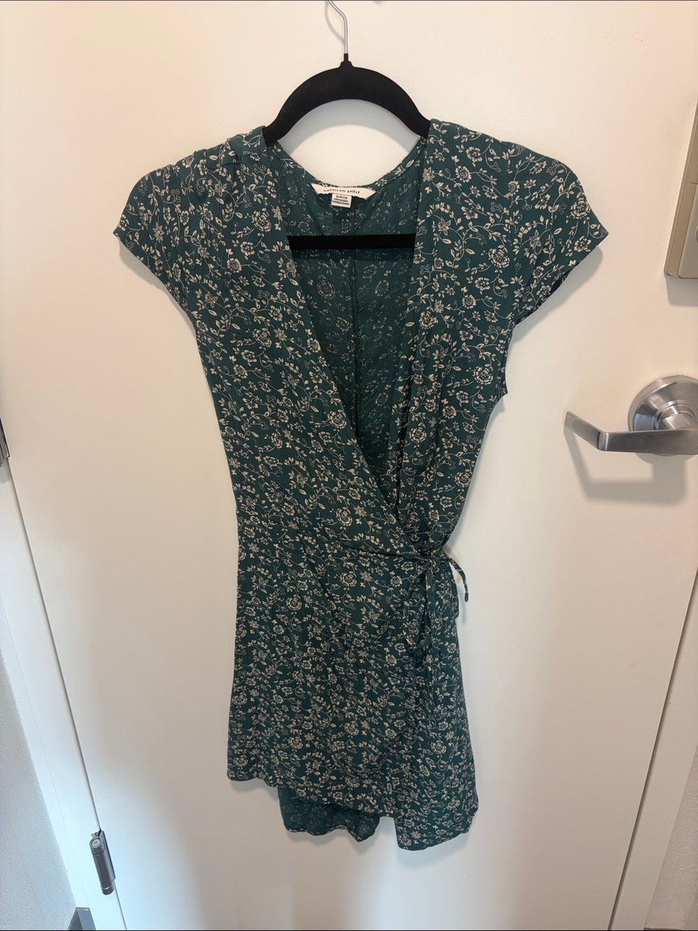 American Eagle Outfitters Teal Floral Wrap Mini Dress with Cap Sleeves